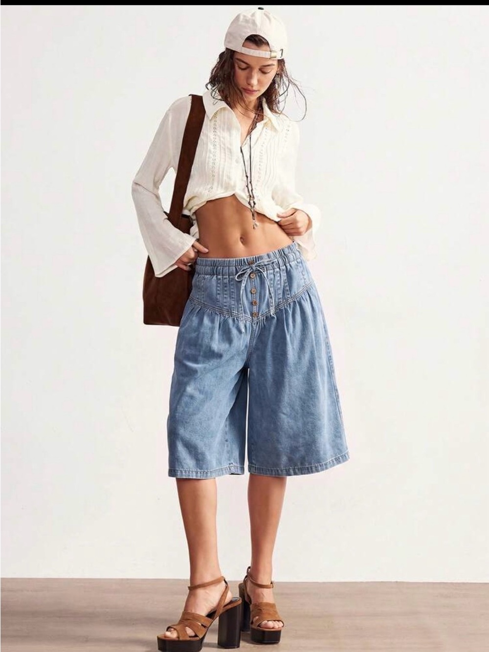 Light Blue Denim Culotte Shorts - Women's Casual Pull-On
